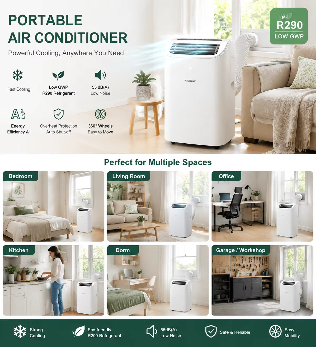 KANION Climatiseur portable 12000 BTU pour la maison, silencieux, mobile, avec réfrigérant R290